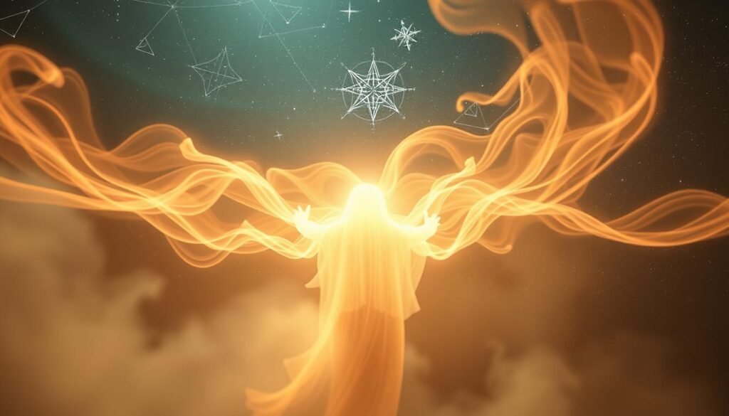 Spiritual signs in dream communication: In the foreground, a glowing ethereal figure emerges, radiating a soft, comforting aura. Behind it, pastel wisps of energy swirl, creating a dreamlike, mystical atmosphere. The middle ground features abstract symbols and arcane markings, hinting at hidden messages from the other side. In the background, a starry night sky, with celestial bodies shimmering and pulsing, suggests a connection to the cosmos. Warm, diffused lighting casts a serene, contemplative mood, inviting the viewer to ponder the mysteries of the subconscious and the spiritual realm.