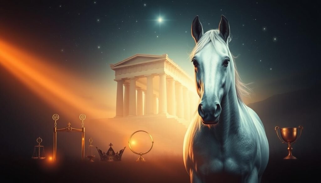 Striking biblical dream symbols against a dimly lit, ethereal backdrop. In the foreground, a serene white horse, symbol of divine vision and prophecy, its eyes shining with otherworldly wisdom. Surrounding it, a shimmering array of symbolic objects - a crown, a sword, scales, and a chalice - each casting an aura of sacred significance. The middle ground features a towering, ancient temple, its columns wreathed in mystical shadows. In the distance, a starry sky, hinting at the celestial nature of these prophetic visions. Soft, diffused lighting bathes the scene in an otherworldly glow, creating an atmosphere of profound spiritual resonance.