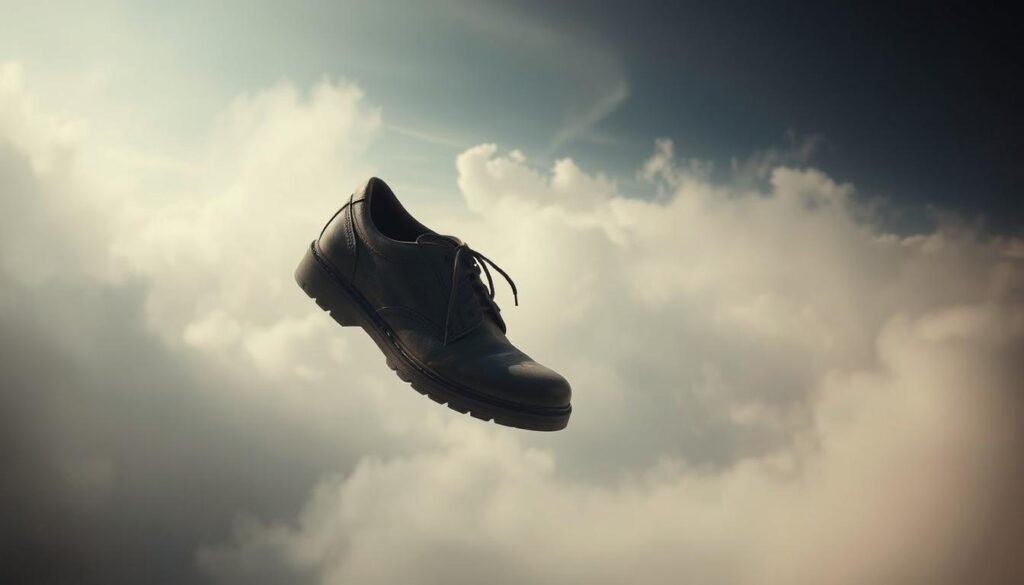 Surreal dream landscape, a weathered pair of shoes floating aimlessly in a vast, ethereal space. Soft, diffused lighting casts an otherworldly glow, enveloping the scene in a pensive, contemplative atmosphere. The shoes, bereft of their owner, appear to drift with a sense of melancholy, symbolizing the disconnection and vulnerability experienced in the subconscious. Wispy clouds or ethereal formations drift in the background, creating a sense of depth and mystery. The composition should evoke a sense of longing, introspection, and the search for meaning within the symbolic realm of dreams.