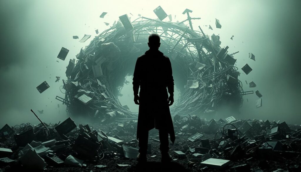 Surreal dream landscape with symbolic waste imagery. A shadowy figure stands before a swirling vortex of discarded objects - crumpled papers, broken electronics, twisted metal, and other detritus. The background is a hazy, dreamlike realm with a faint light source, creating an eerie, ethereal atmosphere. The figure appears pensive, contemplating the meaning of the waste before them. The overall composition conveys a sense of introspection and the subconscious mind's interpretation of symbolic waste. Cinematic lighting and a slightly low camera angle emphasize the depth and immersive quality of the scene.