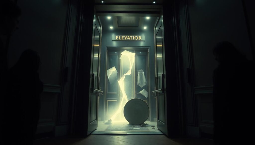 Surreal scene of a malfunctioning elevator, its doors ajar, revealing a disjointed, dreamlike interior. Glowing, ethereal lights flicker and pulse, casting an eerie glow amidst the darkness. Architectural elements appear to float and distort, symbolizing the disruption of one's sense of stability and control. Shadowy figures linger at the edges, hinting at the subconscious anxieties and imbalances that the broken elevator represents. Moody, atmospheric lighting creates a sense of unease and the unsettling nature of this nightmarish vision. Cinematic, wide-angle lens captures the uncanny, disorienting quality of the scene.