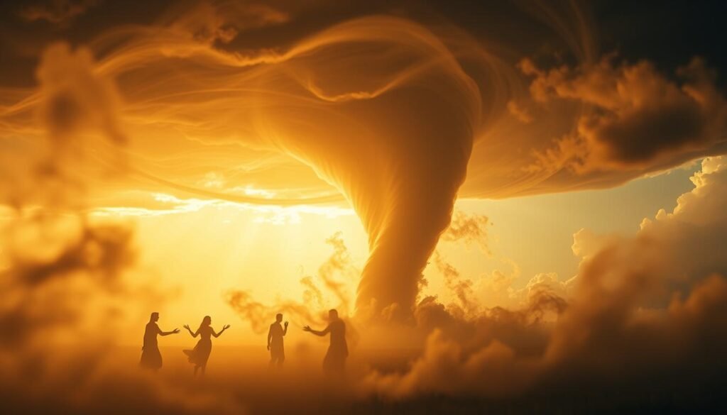 Tornado Dream Spiritual Messages: A swirling vortex of ethereal energy, dancing through a dreamscape bathed in golden light. In the foreground, wisps of translucent mist coalesce into ethereal figures, conveying divine messages through the storm. The middle ground reveals a towering tornado, its twisting form a conduit for celestial guidance. In the background, a serene sky parts, allowing shafts of heavenly illumination to pierce the veil, creating an aura of mystical revelations. The scene radiates a sense of transcendence, as if the viewer is privy to a sacred, otherworldly experience. Soft, diffused lighting lends an air of reverence, while the angles capture the dynamic, yet contemplative nature of the spiritual encounter.