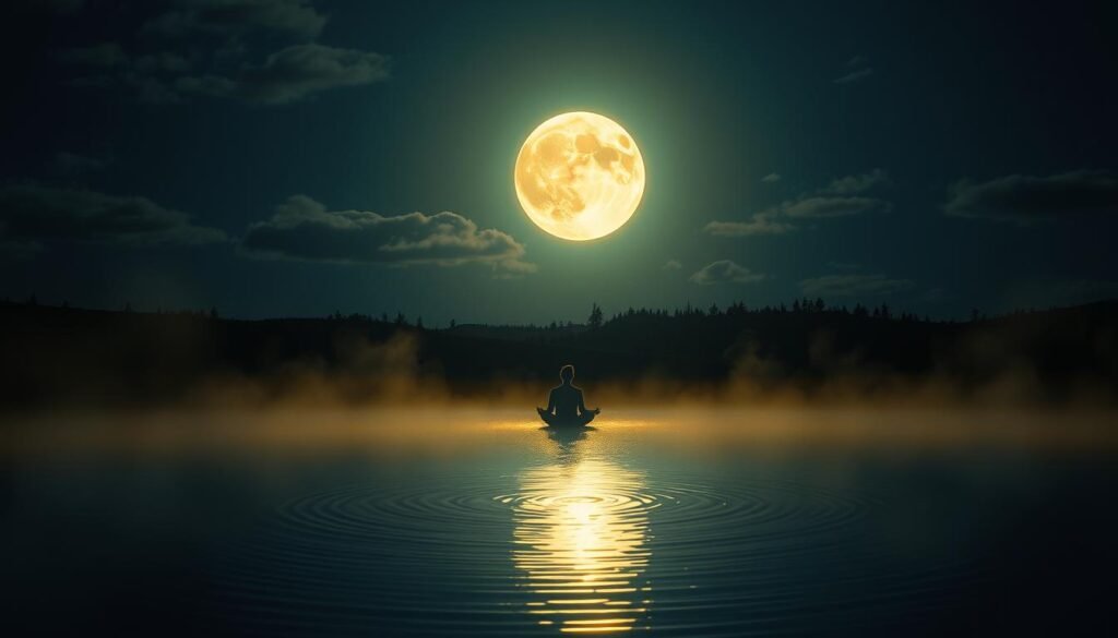 Tranquil moonlit night, a celestial orb casting its ethereal glow upon a serene landscape. In the foreground, a tranquil pond reflects the moon's radiant light, rippling with the gentle movements of unseen life. Amidst the stillness, a lone figure sits cross-legged, deep in contemplation, embracing the moon's divine feminine energy. Delicate wisps of mist swirl around, creating an atmospheric, almost mystical, ambiance. The scene is bathed in a soft, warm lighting, evoking a sense of introspection and emotional clarity. Wispy clouds drift overhead, hinting at the ebb and flow of the lunar cycle and the subconscious emotional tides it represents in dream symbolism.
