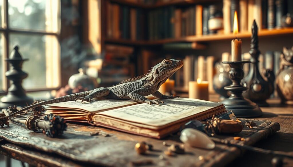 Tranquil scene of a lizard sitting atop a weathered journal, surrounded by dried herbs, crystals, and burning incense. Soft natural lighting filters through a window, casting a warm glow on the meditative setup. The lizard's eyes are closed as if deep in a dream-like trance, capturing the essence of reptilian spirituality. In the background, shelves hold an array of mystical tomes and artifacts, hinting at the practitioner's pursuit of ancient wisdom. Textured paper, aged leather, and the earthy tones create a sense of timelessness, inviting the viewer to embark on their own profound journey of self-discovery.