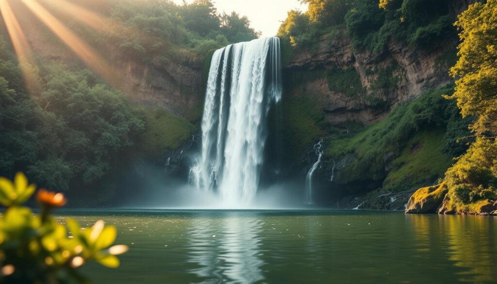 Tranquil waterfall cascading down a lush, verdant mountainside, its crystalline waters glistening in warm afternoon sunlight. In the foreground, a serene pool reflects the swirling mist and graceful flow, evoking a sense of emotional release and inner peace. The surrounding landscape is blanketed in vibrant green foliage, creating a calming, natural atmosphere. Soft, diffused lighting casts a dreamlike, almost ethereal quality, inviting the viewer to immerse themselves in the soothing, meditative energy of the scene. The waterfall stands as a powerful symbol of transformation, cleansing, and the release of pent-up emotions.
