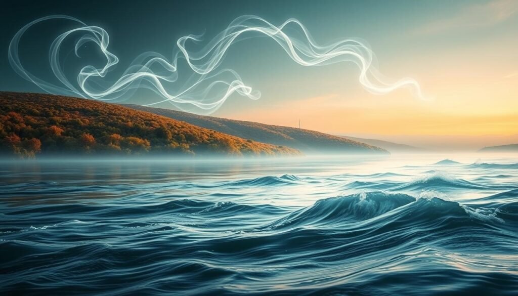 Transformative Dream Meanings Visualization A serene, surreal landscape filled with flowing water and ethereal wisps of energy. In the foreground, a tranquil lake reflects the dreamlike scene above - swirling, luminescent shapes that symbolize the subconscious mind and the profound messages of personal growth conveyed through dreams. The middle ground features a gently sloping hillside, blanketed in lush, vibrant foliage that seems to pulse with an inner light. In the distance, the horizon is painted with soft, pastel hues, creating a sense of boundless possibility and transformation. Soft, diffused lighting bathes the entire composition in a warm, contemplative glow, evoking a sense of introspection and self-discovery. The overall tone is one of serenity, introspection, and the powerful, transitional nature of dreams.