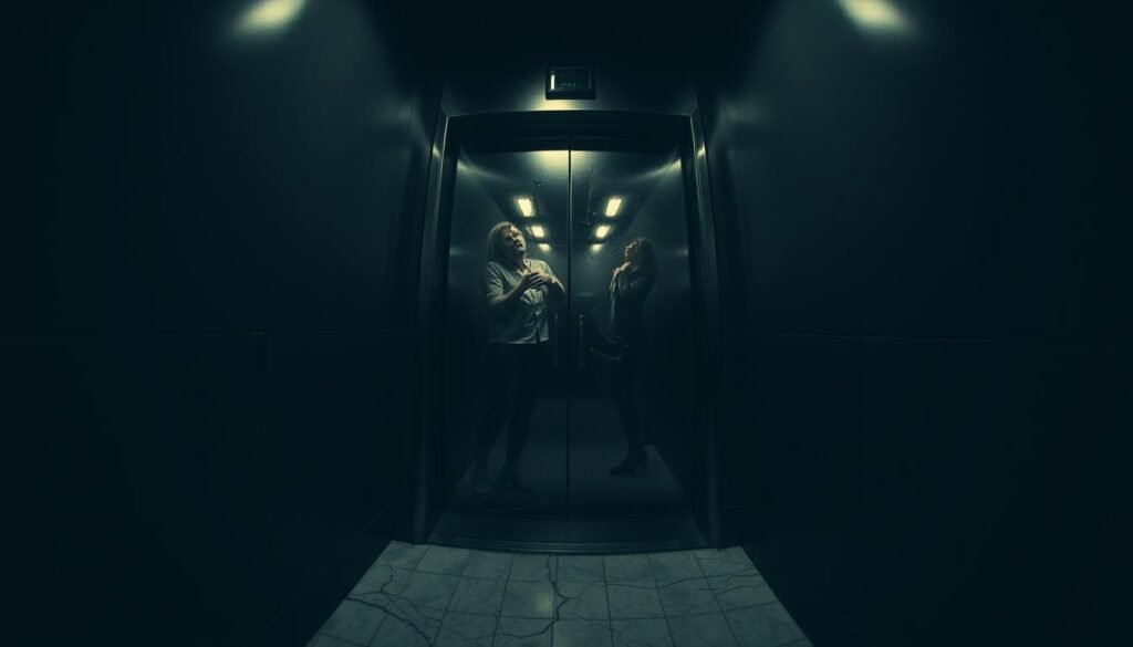Trapped in a dimly lit elevator, the walls close in, casting eerie shadows. Flickering lights evoke a sense of unease, mirroring the subject's internal state. Distorted reflections in the metal doors symbolize a fragmented psyche, unable to find a clear path forward. The claustrophobic atmosphere heightens the feeling of being stuck between floors, a metaphor for stagnation in life. Muted tones and a slight fisheye lens amplify the sense of confinement, trapping the viewer in this dreamlike scenario. Subtle details, like the cracked floor tiles and the distant sound of a distant elevator bell, further enhance the unsettling ambiance, inviting the viewer to ponder the deeper meaning behind this trapped state of being.