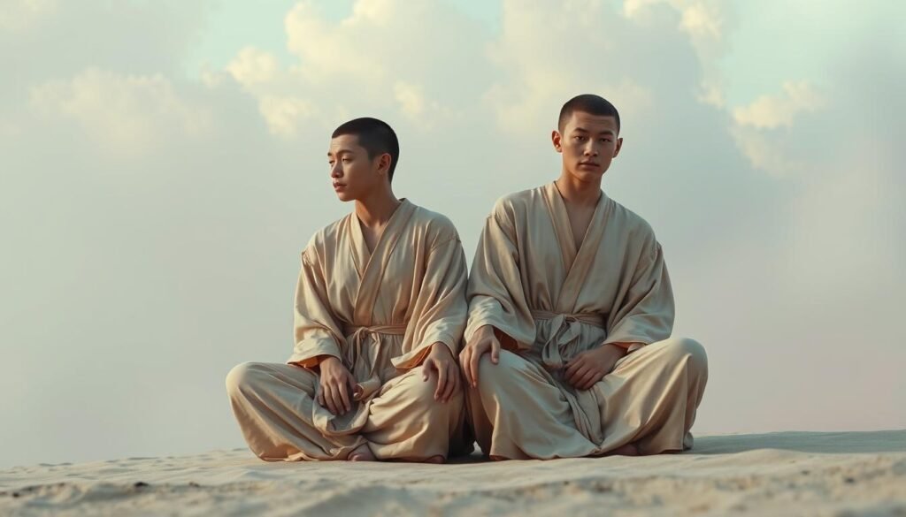 Two identical twins sitting cross-legged in a dreamlike, ethereal landscape. The twins are dressed in flowing, shimmering robes, their faces mirrored reflections of each other. The background is a hazy, pastel-colored dreamscape, with wispy clouds and soft, diffused lighting casting a serene, introspective mood. The twins' expressions are contemplative, as if grappling with their shared identity and sense of self. The composition places the twins in the foreground, with the dreamscape unfolding behind them, suggesting an inner journey of self-discovery and exploration of one's duality.