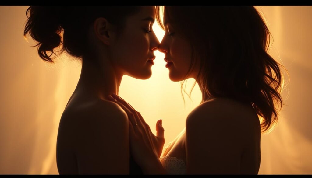 Two women, their faces close together, eyes closed, lips almost touching, as if about to share a tender, same-sex kiss. The scene is bathed in a soft, warm glow, creating a dreamlike, intimate atmosphere. The background is blurred, placing the focus entirely on the emotional connection between the figures. Gentle shadows and highlights accentuate the curves of their faces and bodies, conveying a sense of longing and vulnerability. The overall mood is one of introspection, vulnerability, and the search for deeper emotional and spiritual fulfillment.
