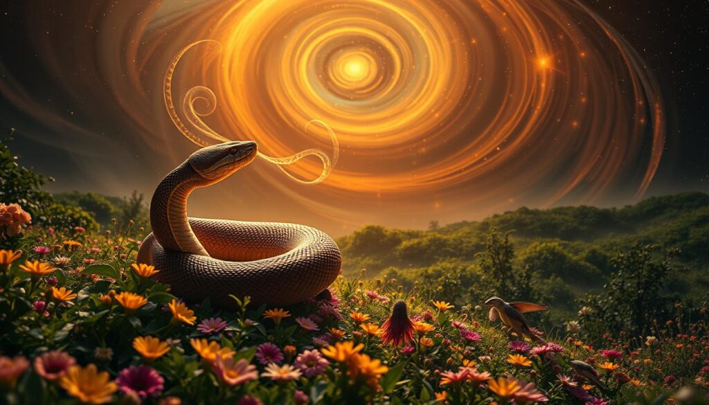 Vibrant dreamscape depicting personal growth through Python symbolism. In the foreground, a coiled Python snake emerges from a chrysalis, shedding its old skin to reveal a shimmering, iridescent new form. Curling tendrils of energy radiate outward, symbolizing the transformative power of this dream. The middle ground features a lush, verdant landscape filled with blooming flowers and flourishing foliage, representing the fertile ground for personal evolution. The background is a swirling, starry night sky, evoking the subconscious realm where this symbolic journey unfolds. Warm, golden lighting casts a serene, mystical glow over the entire scene. Dramatic, cinematic camera angle captures the grandeur and significance of this transformative dream experience.