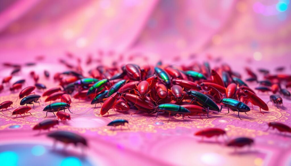 Vibrant, psychedelic dream landscape depicting a swarm of colorful cockroaches against a surreal, dreamlike backdrop. Close-up view of various cockroach species in a palette of vivid hues - bright red, electric blue, iridescent green, deep purple - crawling and scuttling across a kaleidoscopic, undulating surface. Soft, diffused lighting casts an ethereal glow, creating an atmospheric, otherworldly ambiance. Lens blurs the edges, drawing the viewer's focus to the central cluster of peculiar, fantastical insects. Conveys a sense of the subconscious, the bizarre and the unexpected.