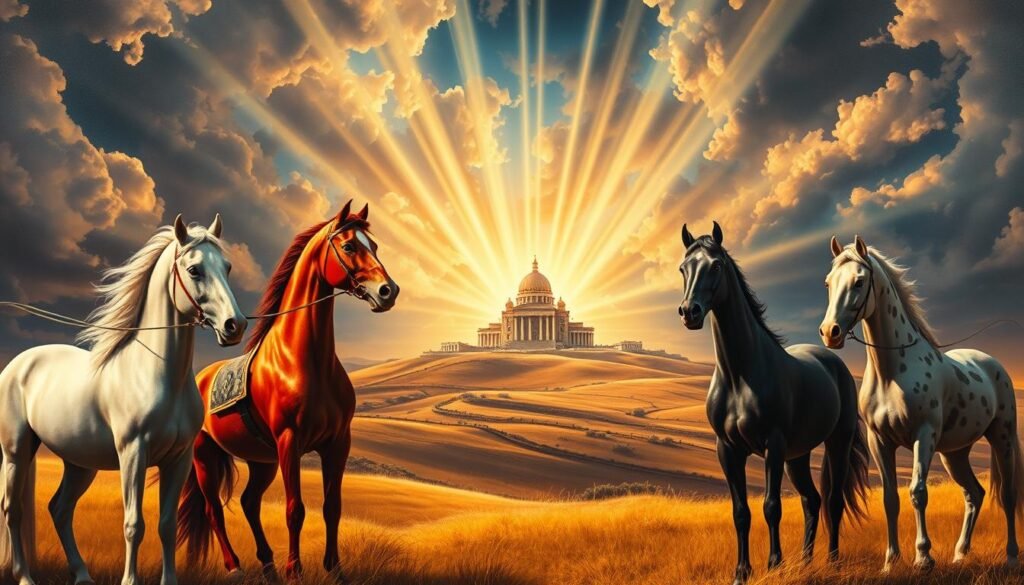 Zechariah's prophetic vision of horses: A detailed, dramatic oil painting depicting the scene from Zechariah 1:7-17. In the foreground, four brightly colored horses - white, red, black, and dappled - stand majestically, their riders gazing intently into the distance. The middle ground features rolling hills and a grand, ornate temple, while the background is filled with an awe-inspiring celestial display, with striking beams of light piercing the clouds. The overall atmosphere is one of divine majesty, spiritual revelation, and a sense of impending significance. Illuminated by warm, golden lighting, the image conveys a profound sense of wonder and prophetic expectation.